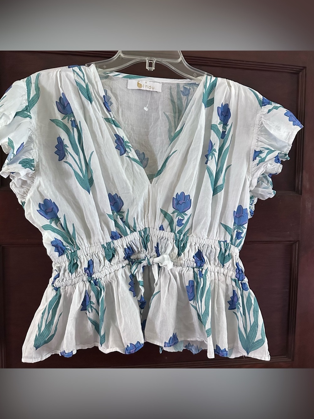 Bindu brand Blockprint Blue Floral V-Neck Cotton Top